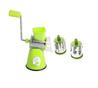 Râpe à fromage et -légumes manuelle à tambour rotatif en acier inoxydable, avec 3 tambours interchangeables, manivelle ergonomique et base ventouse pour une utilisation en (Verte)
