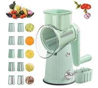 Râpe à fromage rotative 5 en 1 avec manivelle manuelle et 10 lames interchangeables, poignée et boîte de rangement pour pommes de terre, carotte, fromage, chocolat, légumes (vert)