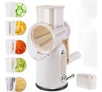 Râpe à fromage rotative 5 en 1, manivelle, base d'aspiration puissante et 5 lames interchangeables, trancheuse à légumes et gadget de cuisine