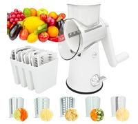 Râpe à fromage rotative 5 en 1 multifonction avec poignée et base d'aspiration puissante, lames remplaçables en acier inoxydable pour légumes