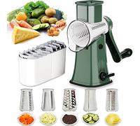 Râpe à fromage rotative manuelle - 5 lames interchangeables - Mandoline ronde - Trancheuse de légumes - Tambour - Hachoir à noix avec base d'aspiration puissante