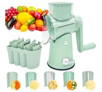 Râpe à fromage rotative multifonction 5 en 1 manuelle avec poignée, mandoline Kicthen Trancheuse à légumes avec base aspirante, lames en acier inoxydable remplaçables pour fruits, vert