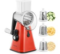 Râpe à Fromage Rotative, Reemix Coupe Legumes Multifonctions avec 3 Lames de Tambour Détachables, Râpe à Légumes Facile à Nettoyer pour une Coupe Rapide et Différente, Forte Aspiration (Rouge)
