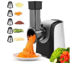 Râpe Électrique 150W Multifonctions avec 5 Disques de Coupe, Hachoir Électrique pour Fromage, Pommes de Terre, Carottes, Fruits et Légumes