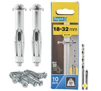 Rapid - Chevilles Métalliques à Expansion - 50kg - 18-32mm - 10pcs | Pour fixations sur plaques de plâtre et cloisons creuses - Acier C1022 zingué - Inclus foret et embout de vissage - (5001554)