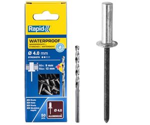 Rapid - Rivets Étanches en Alu - Ø4.8 x 14 mm - 50pcs avec Foret | Rivet en une seule pièce - Évite risque de fuite, pour toitures, douches - Plage de serrage 8-11mm - Boîte carton (5000402)