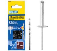 Rapid - Rivets Haute Performance Alu XL - Ø4.0 x 16 mm - 40 pcs avec Foret | Maintien Renforcé pour Matériaux Souples (Plastique, Caoutchouc, Cuir) - Plage de serrage 9-12mm - Boîte carton (5000662)