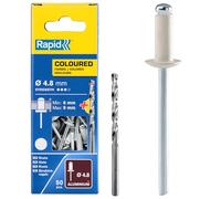 RAPID - Rivets Pop en Aluminium Ø4.8 x 12 mm, Coloris Blanc, Rivets Aveugles pour Gouttières / Tuyaux / Tôle - Foret Inclus - 50 Pièces, Emballage Carton (5001468)