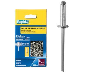 Rapid - Rivets Haute Performance en Alu - Ø4.0 x 10 mm - 500pcs | Rivets Aveugles pour Garde-Boue, Métal, Panneaux, Tôle & Plastique - Plage de serrage 5-7mm - Boîte carton (5001433)