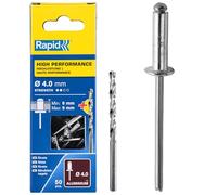 Rapid - Rivets Haute Performance en Alu - Ø4.0 x 12 mm - 50pcs avec Foret | Rivets Aveugles pour Garde-Boue, Métal, Panneaux, Tôle & Plastique - Plage de serrage 6-9mm - Boîte carton (5000384)