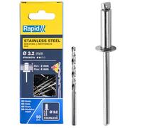 Rapid Rivets aveugles 5000393 Acier inoxydable Ø 3,2 x 8 mm — 50 pièces — Foret inclus — Gris