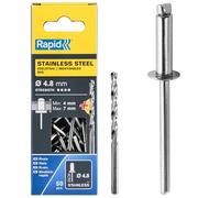 RAPID - Rivets Pop en Acier Inoxydable Ø4.0 x 8 mm, Rivets Aveugles pour Plaques d'Immatriculation / Garde-Boue / Revêtements Métalliques / Tôle - Foret Inclus - 50 Pièces, Emballage Boîte (5000396)