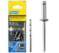 Rapid - Rivets Pop en Acier Inoxydable - Ø4.8 x 14 mm - 50pcs avec Foret | Rivets de type AISI304 2 - Pour les applications en extérieur - Plage de serrage 8-11mm - Boîte carton (5001461)