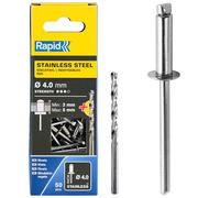 Rapid - Rivets Pop en Acier Inoxydable - Ø4 x 8 mm - 50pcs avec Foret | Rivets de type AISI304 2 - Pour les applications en extérieur - Plage de serrage 3-5mm - Boîte carton (5001460)