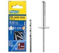 RAPID - Rivets XL Ø4.8 x 30 mm - Rivets Aveugles Tête Extra-Large en Aluminium - Maintien Renforcé pour Matériaux Souples (Plastique, Caoutchouc, Cuir) - 25 pcs avec Foret - (5000668)
