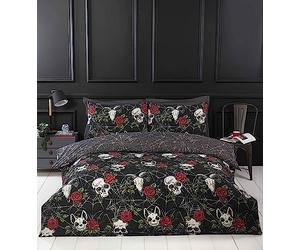 Rapport Home Parure de lit en Microfibre pour lit Double avec Housse de Couette et Roses Motif crânes et Roses Noir