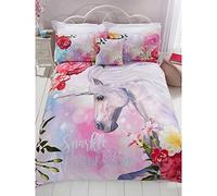 Rapport Home Parure de lit pour Enfant avec Housse de Couette Licorne Rose Scintillante et Brillante, Douce et Facile d'entretien (lit Double)