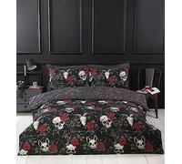Rapport Home Parure de lit Simple avec Housse de Couette et taie d'oreiller en Polyester Doux et Facile d'entretien pour Adultes et Adolescents - Motif crânes et Roses - Noir