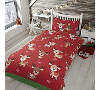 Rudolphe et Amis Set Housse de Couette Simple Noël Rennes Literie Enfant Rouge
