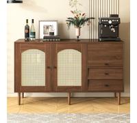 RAPRAP Buffet de style maison de campagne avec portes en rotin, armoire de cuisine avec tiroirs, fermeture magnétique, étagères réglables, structure stable - 130 x 75,5 x 40 cm