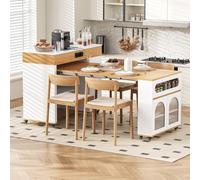 RAPRAP Îlot de cuisine avec roulettes, chariot de cuisine avec table à manger extensible, multiprises et verre côtelé, îlot de cuisine avec tiroirs pour cuisine et salle à manger,Blanc