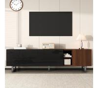 RAPRAP Meuble TV Bas Avec Façade Brillante & Grain de Bois - Design Sans Poignée, Meuble TV de 180 cm avec Quatre Portes Pour Téléviseurs Jusqu'à 65/75/80 Pouces