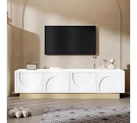 RAPRAP Meuble TV blanc moderne avec grain de bois, meuble TV bas de 175 cm avec 4 portes, design minimaliste incurvé - espace de rangement suffisant et gestion des câbles,Blanc