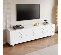 RAPRAP Meuble TV moderne avec portes à relief circulaire 3D, blanc mat, meuble TV de 180 cm de long, espace de rangement avec plusieurs portes, protégé de la poussière