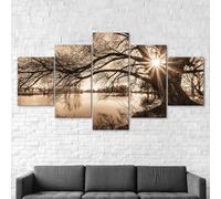 RAPSANI 5 Panneau Mural Art Peinture Paysage De Lac Avec Rayons De Soleil D'Arbre Vintage Décoration Salon Moderne XXL Impression sur Toile 5 Parties Tableau intissee 125x60cm