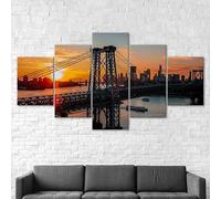 RAPSANI Avec cadre Peinture 5 Pièces toile de peinture Pont de Williamsburg, Brooklyn, New York, coucher de soleil,HD Sticker Mural Modulaire Affiche Décor,tableau decoration murale chambre 125x60cm