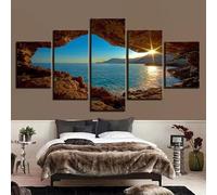 RAPSANI Impression sur toile 5 Parties peinture sur toile tableau decoration murale salon,Grotte,coucher de soleil,océan,paysage,tableau xxl,cadre,decoration chambre maison,150x80cm