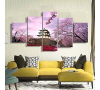 RAPSANI Impression sur toile 5 Parties peinture sur toile tableau decoration murale salon,Japon Temple Cerisier en fleurs,tableau xxl,cadre,decoration chambre maison,150x80cm