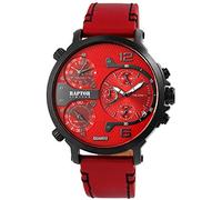 Raptor Limited Montre pour homme XXL en cuir 3 fuseaux horaires Affichage de la date/du jour de la semaine 24 heures Tachymètre Montre aviateur, rouge, bracelet