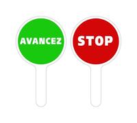 RAQUETTE AVANCEZ/STOP. PALETTE DE SIGNALISATION AVANCEZ/STOP. RAQUETTE CIRCULATION DU PUBLIC. PANNEAU SIGNALISATION AIDE AU TRAFIC. PANNEAU K10
