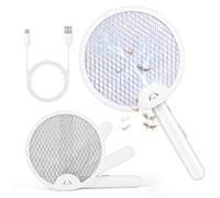 Raquette Electrique Insectes, 2 en 1 Rechargeable Lampe Anti Moustique 3000V Pliable Raquette Electrique Anti Moustiques Raquette Moustique Electrique Portable avec Lampe UV pour Interieur Exterieur