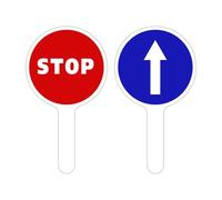 RAQUETTE STOP/FLÈCHE BLEUE. PALETTE DE SIGNALISATION STOP/FLÈCHE BLEUE. RAQUETTE CIRCULATION DU PUBLIC. PANNEAU SIGNALISATION AIDE AU TRAFIC. PANNEAU K10