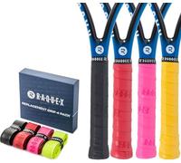Raquex Lot de 4 Grips de Remplacement en polyuréthane : Tennis, Squash, Badminton. Grip Autocollant. Emballage Cadeau en Carton Recyclable (Noir, Rouge, Rose, Jaune)