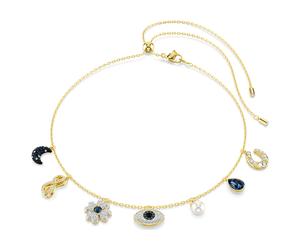 Ras-de-cou Symbolica, Perle de cristal, Lune, infini, trèfle à quatre feuilles, œil porte-bonheur et fer à cheval, Bleu, Placage de ton or OS