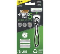 Rasage précis et confortable pour peaux sensibles - BIC Hybrid 5 Flex Sensitive, rasoir rechargeable avec 1 manche et 2 lames de rechange, 80 g - Lot de 3