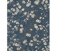 Rasch 456738 Papier peint intissé bleu avec petites fleurs de cerisier en blanc et beige, 10,05 m x 0,53 m (L x l)