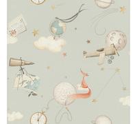 Rasch Kids World 302226 Papier peint intissé pour enfant Motif explorateur en gris avec nuages, boussole et étoiles