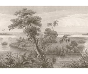 Rasch Lirico 556155 Papier peint photo non tissé avec lac et petites îles, plantes et éléphants, marron, 3 x 4,24 m (L x l)