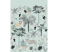 Rasch Onszelf Stories 842197 Papier peint photo non tissé Motif palmiers, feuilles et animaux en gris, bleu et noir, 2,80 x 2,00 m (L x l)