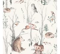 Rasch Papier peint 300048 - Papier peint intissé clair avec animaux de la forêt en beige, marron et vert délicat, pour chambre d'enfant, 10,05 m x 0,53 m (L x l)