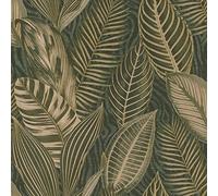 Rasch Papier peint 751826 - Papier peint non tissé vert avec de grandes feuilles en vert et doré métallisé de la collection African Queen III