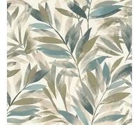 Rasch Symphony 867640 Papier peint intissé avec feuilles bleu clair, vert olive, bleu pétrole foncé et blanc, 10,05 m x 0,53 m (L x l)