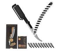 Rasoir breveté à bord droit pour hommes, poignée de rasage pour barbe et cheveux, facile à utiliser et à remplacer, 1 + 10 têtes de lame jetables, manche en zèbre blanc durable