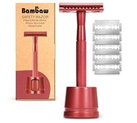 Rasoir de Sécurité en Métal Rouge avec Stand & 5 Lames Rasoir de Sûreté | Rasoir Pour Homme et Femme | Rasage Manuel | Beauté Zéro Déchet | Rasage Barbe | Rasoir Barbier | Rasage Traditionnel | Bambaw