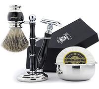 Rasoir de Sécurité ( Lames Pas Inclu ) Set 100% Fait à la Main Ensemble Rasage pour Hommes. Idéal Cadeau This Noël. le Noir Pur Blaireau Rasage Sécurité Bol à Raser avec Savon et Brosse Support.