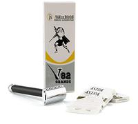 Rasoir de sécurité Van de Boos - Qualité supérieure Trousse de voyage et 5 lames de rasoir Astra avec tête de rasage 2 faces et peigne fermé - Argenté et noir - Qualité supérieure